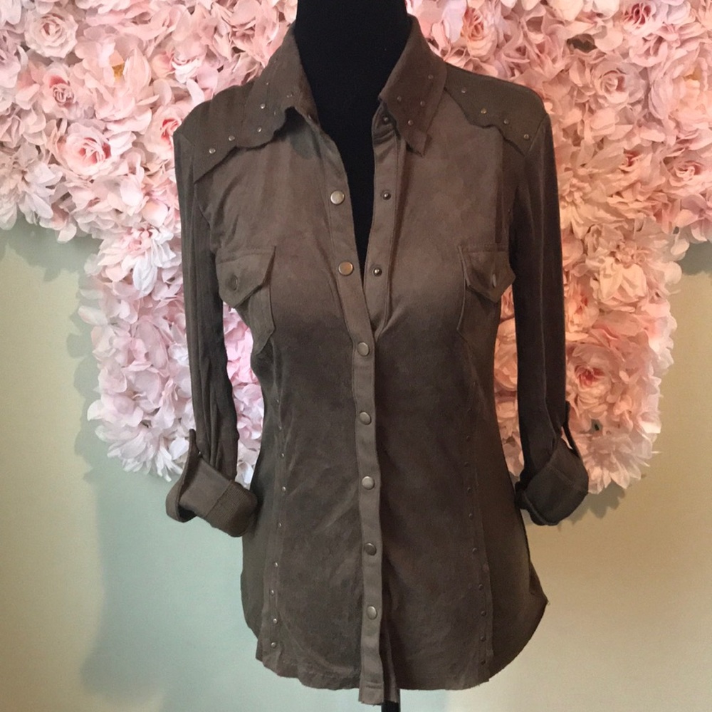 Olive green studded button down shirt
